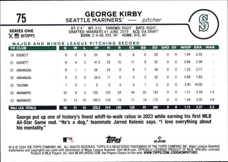 2024 Topps George Kirby #75 baseball trading card back