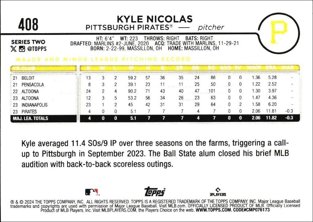 2024 Topps Series 2 Kyle Nicolas #408 baseball trading card back