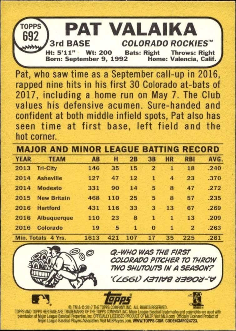 2017 Topps Heritage Pat Valaika #692 baseball trading card back