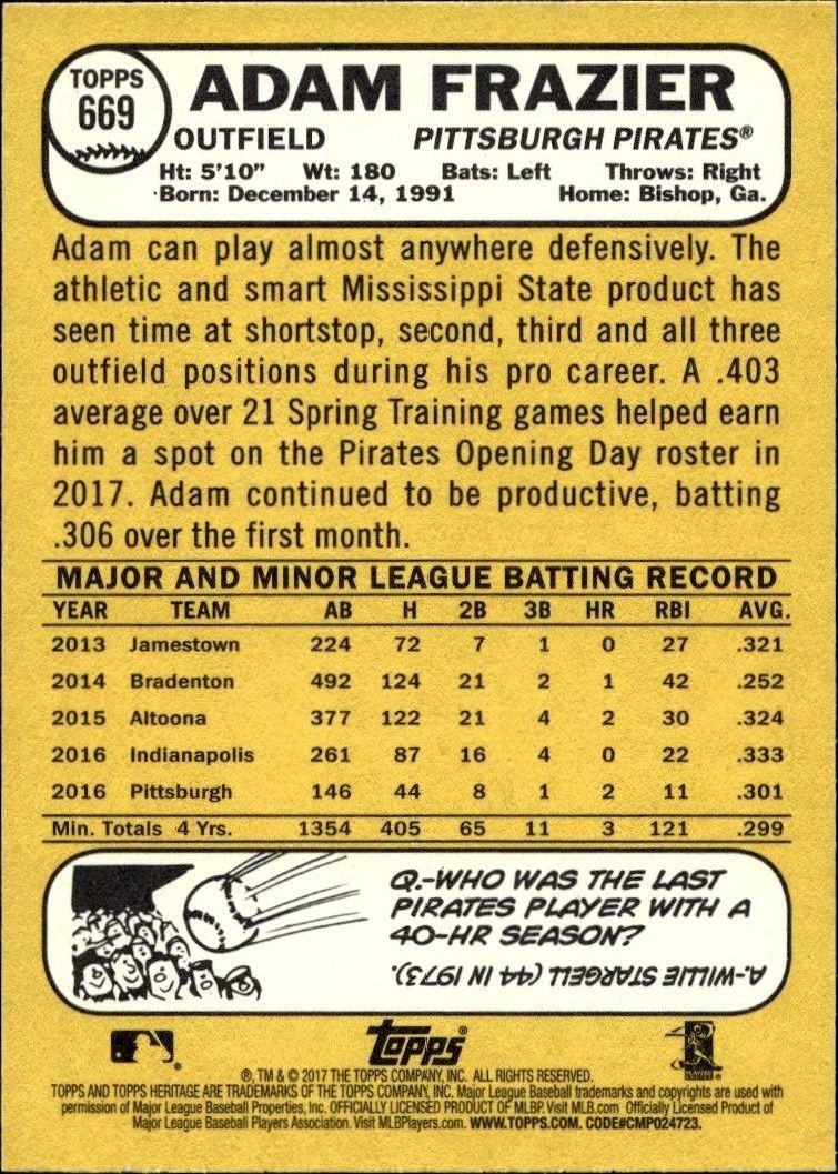 2017 Topps Heritage Adam Frazier #669 baseball trading card back