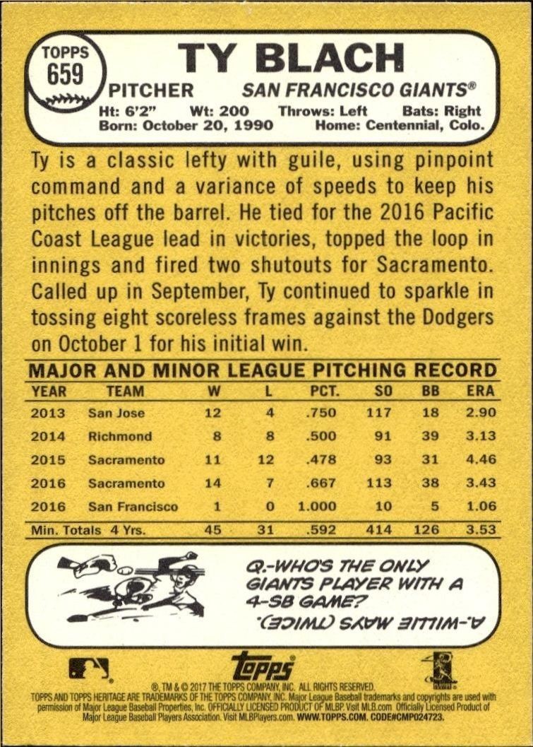 2017 Topps Heritage Ty Blach #659 baseball trading card back