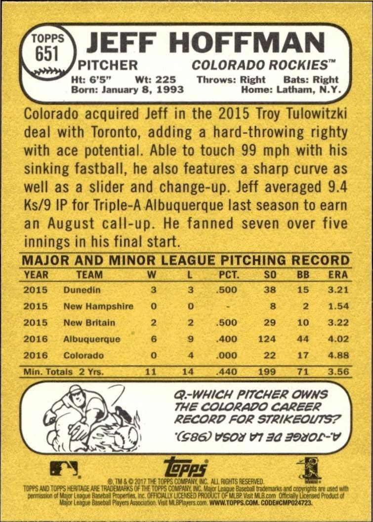 2017 Topps Heritage Jeff Hoffman #651 baseball trading card back