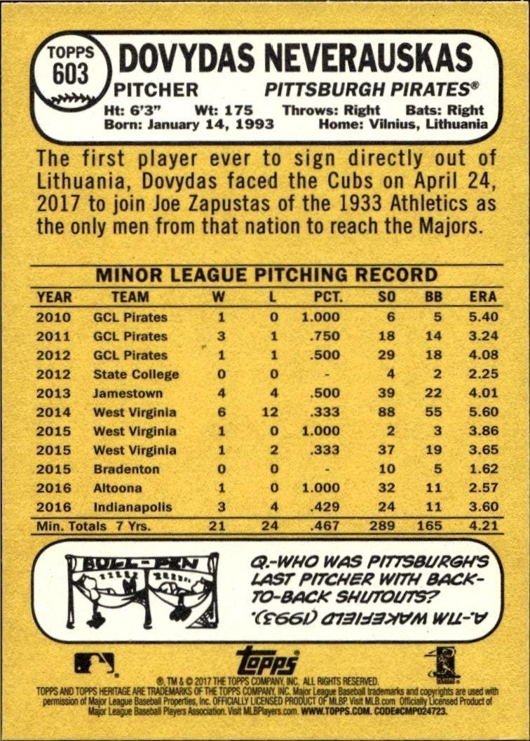 2017 Topps Heritage Dovydas Neverauskas #603 baseball trading card back