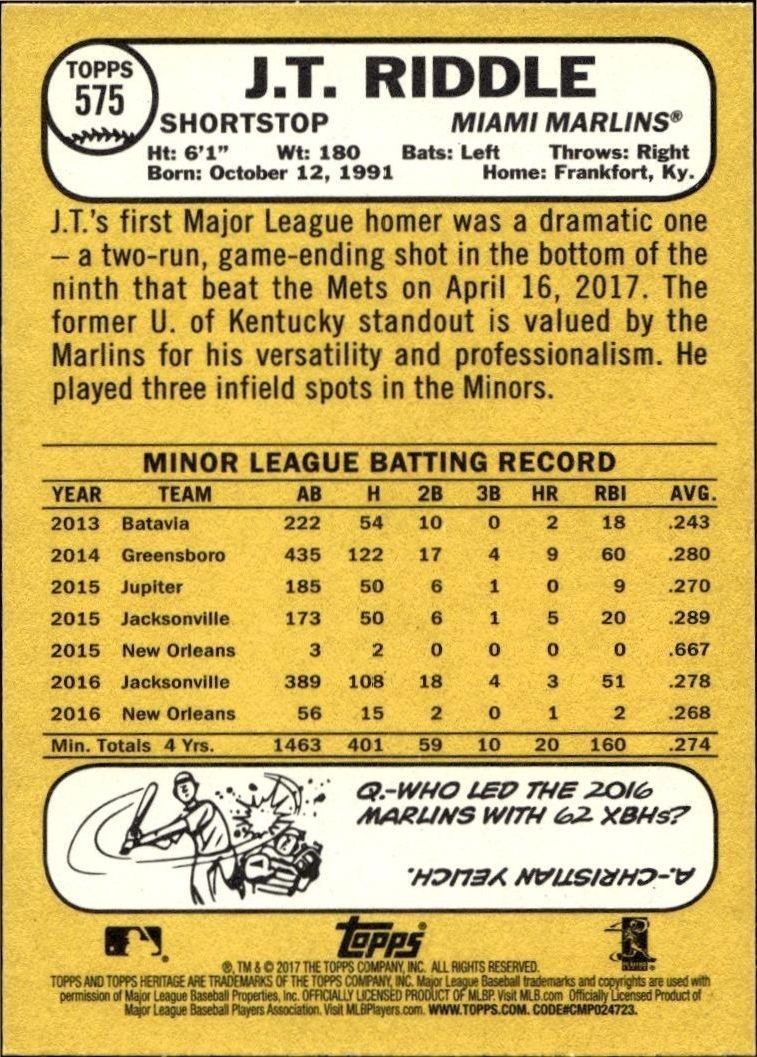 2017 Topps Heritage J.T. Riddle #575 baseball trading card back