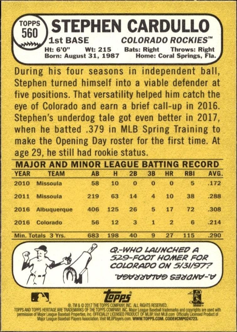 2017 Topps Heritage Stephen Cardullo #560 baseball trading card back