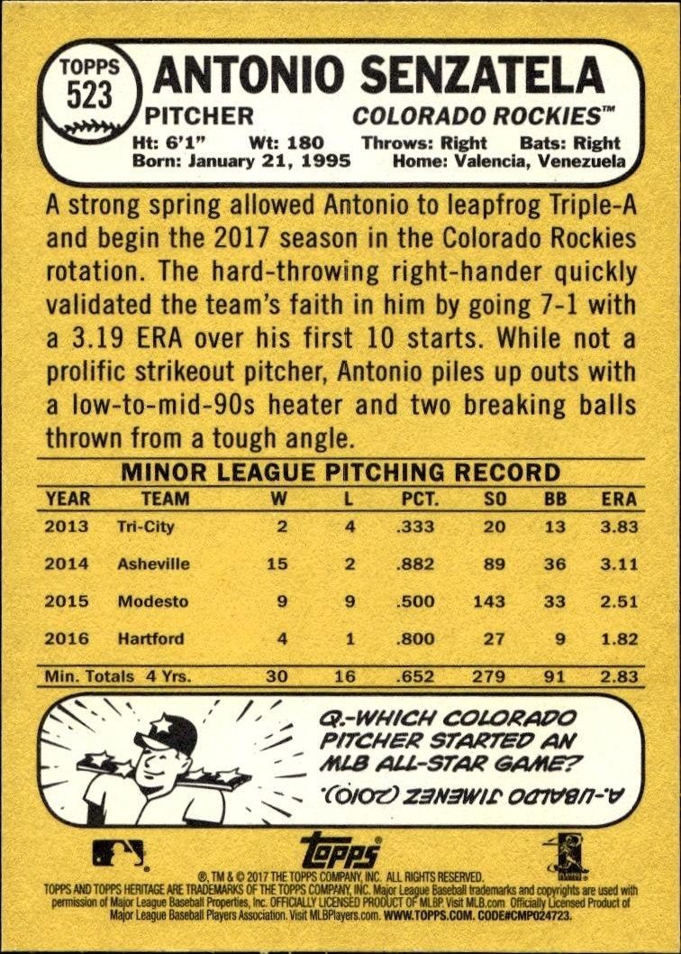 2017 Topps Heritage Antonio Senzatela #523 baseball trading card back