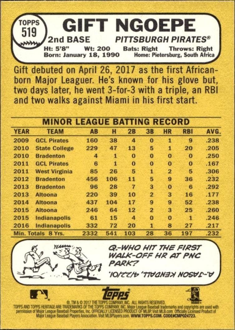 2017 Topps Heritage Gift Ngoepe #519 baseball trading card back