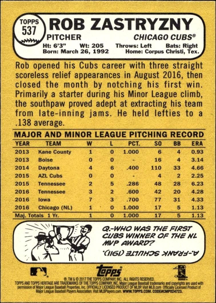 2017 Topps Heritage Rob Zastryzny #537 baseball trading card back