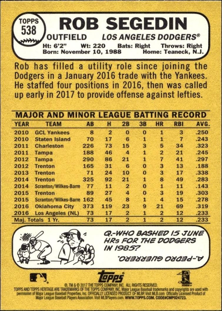 2017 Topps Heritage Rob Segedin #538 baseball trading card back