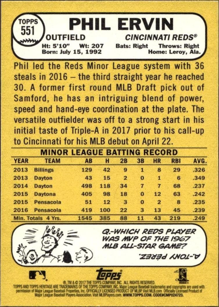 2017 Topps Heritage Phil Ervin #551 baseball trading card back