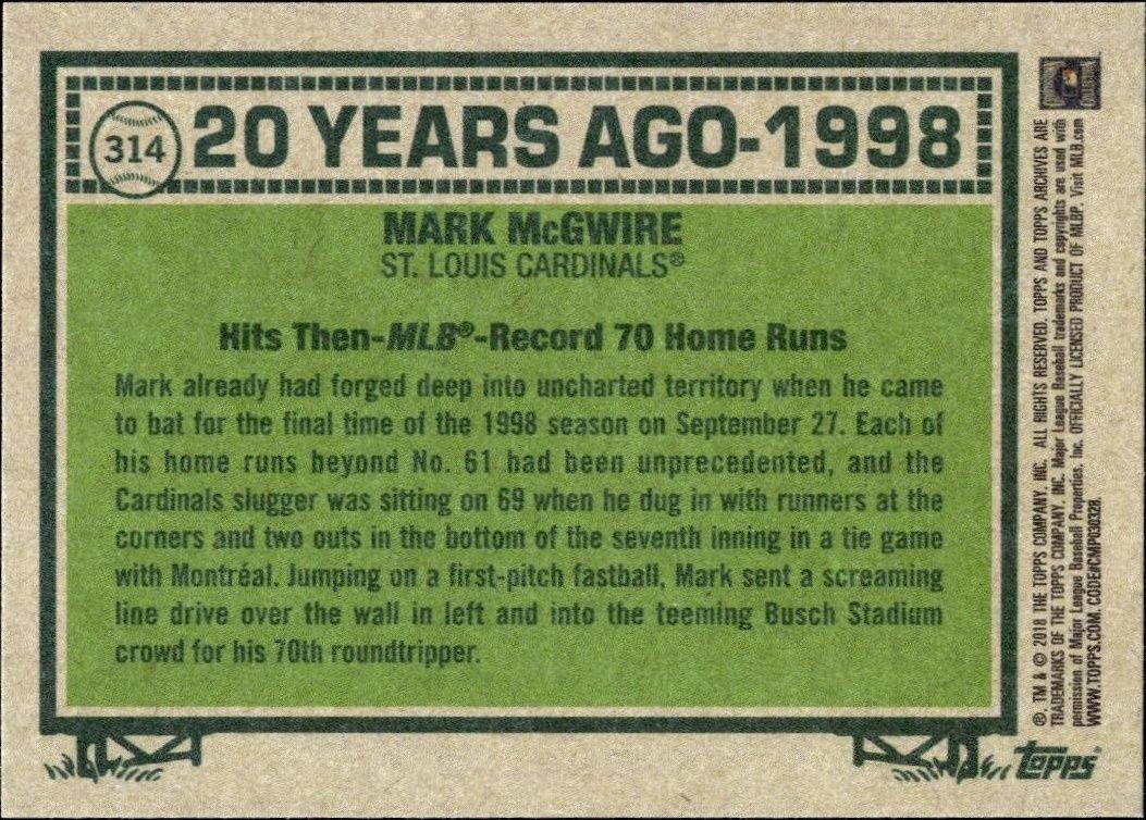 2018 Topps Archives Mark McGwire #314 baseball trading card back