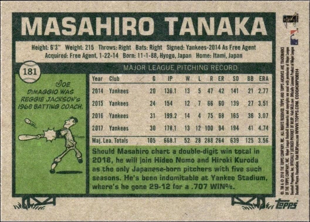 2018 Topps Archives Masahiro Tanaka #181 baseball trading card back