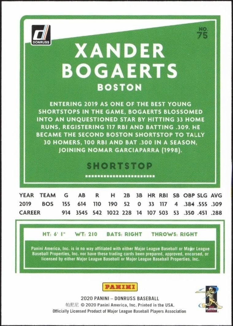 2020 Donruss Xander Bogaerts #75 baseball trading card back