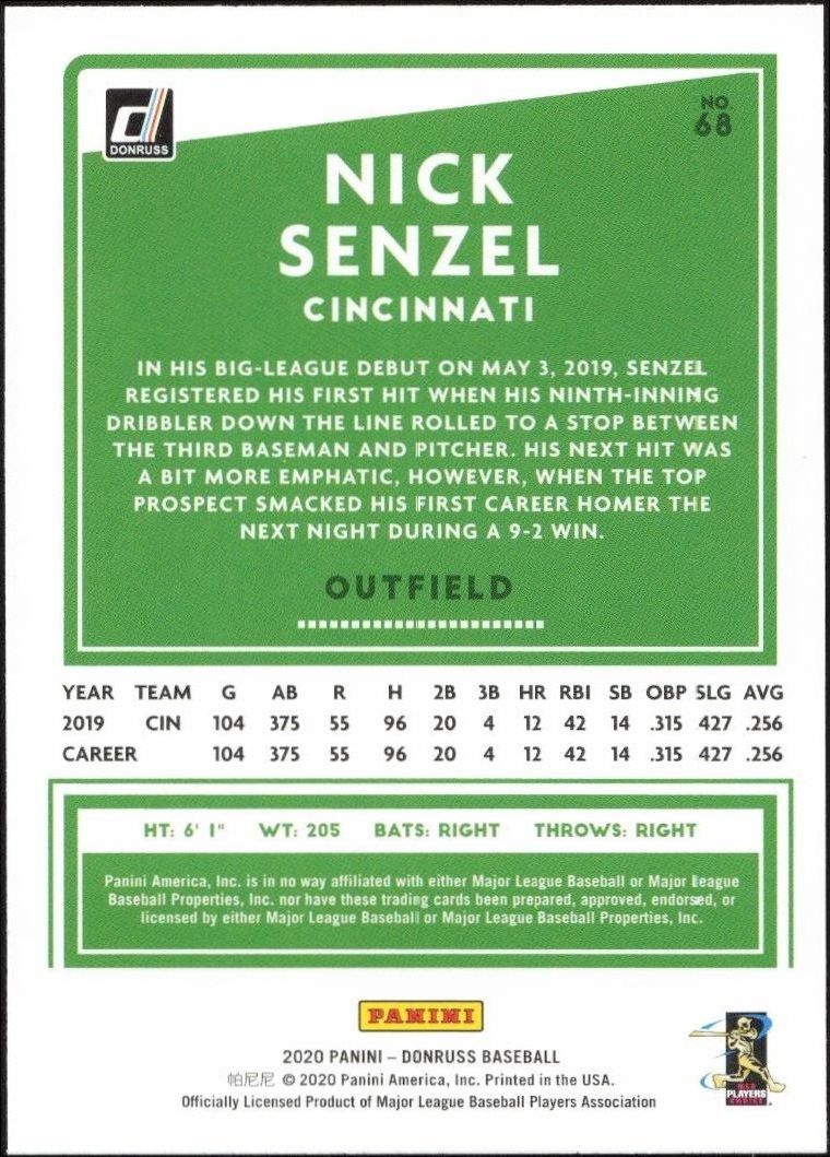 2020 Donruss Nick Senzel #68 baseball trading card back