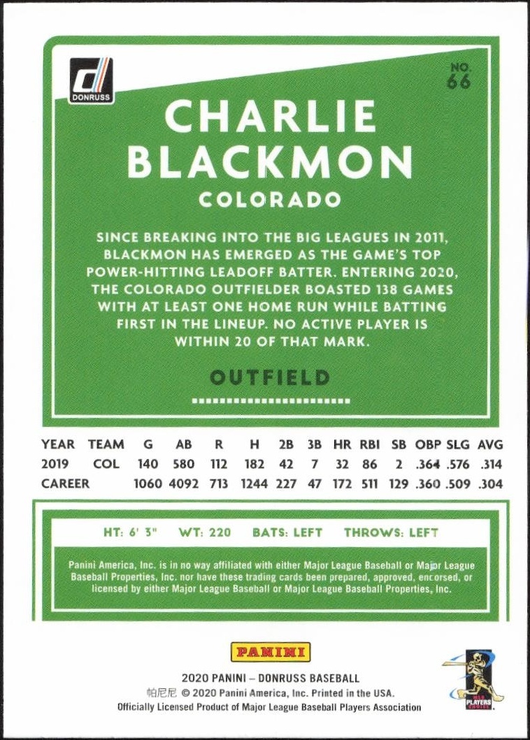 2020 Donruss Charlie Blackmon #66 baseball trading card back