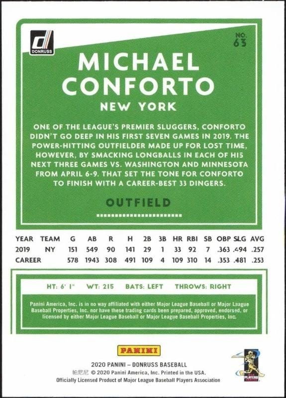 2020 Donruss Michael Conforto #63 baseball trading card back