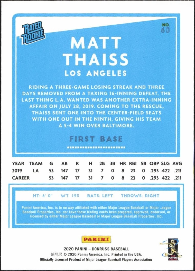 2020 Donruss Matt Thaiss #60 baseball trading card back