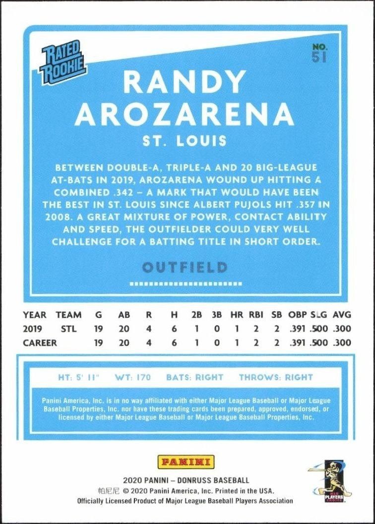 2020 Donruss Randy Arozarena #51 baseball trading card back