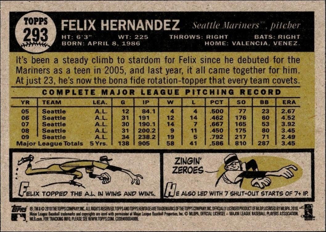 2010 Topps Heritage Felix Hernandez #293 baseball trading card back