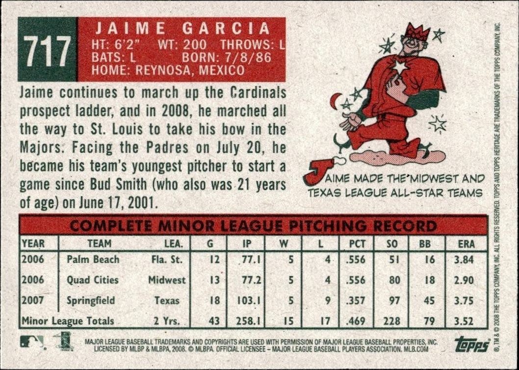 2008 Topps Heritage Jaime Garcia #717 baseball trading card back