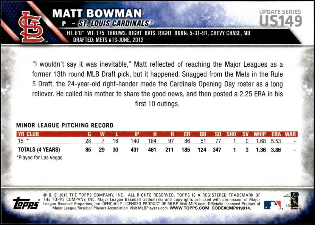2016 Topps Update Matt Bowman #US149 baseball trading card back