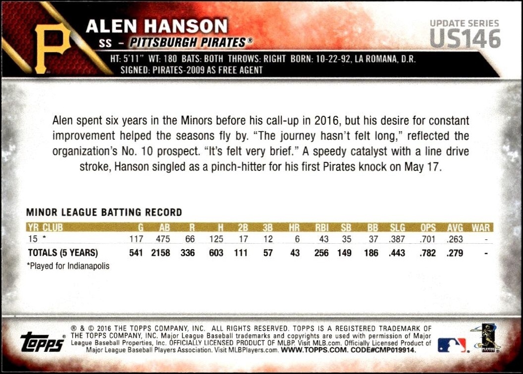 2016 Topps Update Alen Hanson #US146 baseball trading card back
