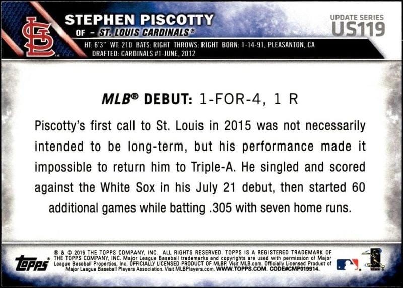 2016 Topps Update Stephen Piscotty #US119 baseball trading card back