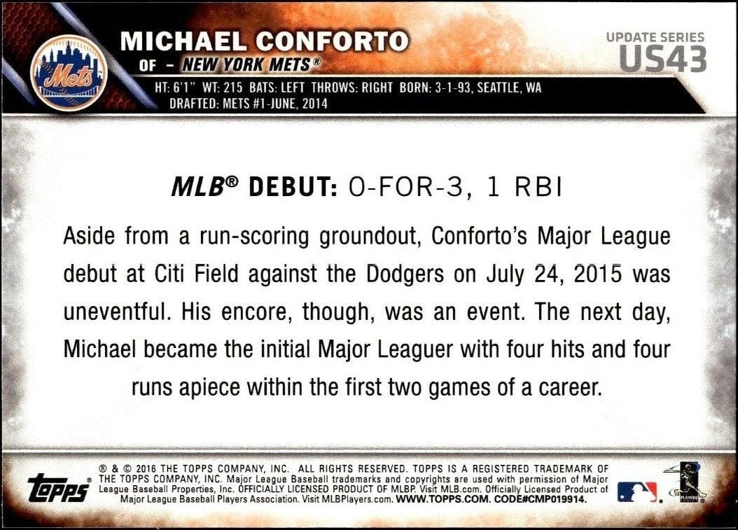 2016 Topps Update Michael Conforto #US43 baseball trading card back
