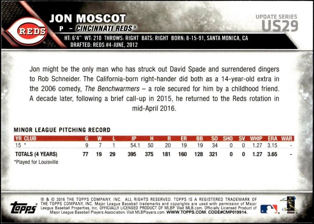 2016 Topps Update Jon Moscot #US29 baseball trading card back