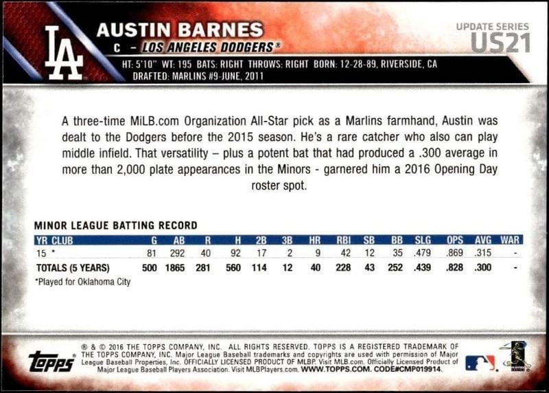 2016 Topps Update Austin Barnes #US21 baseball trading card back