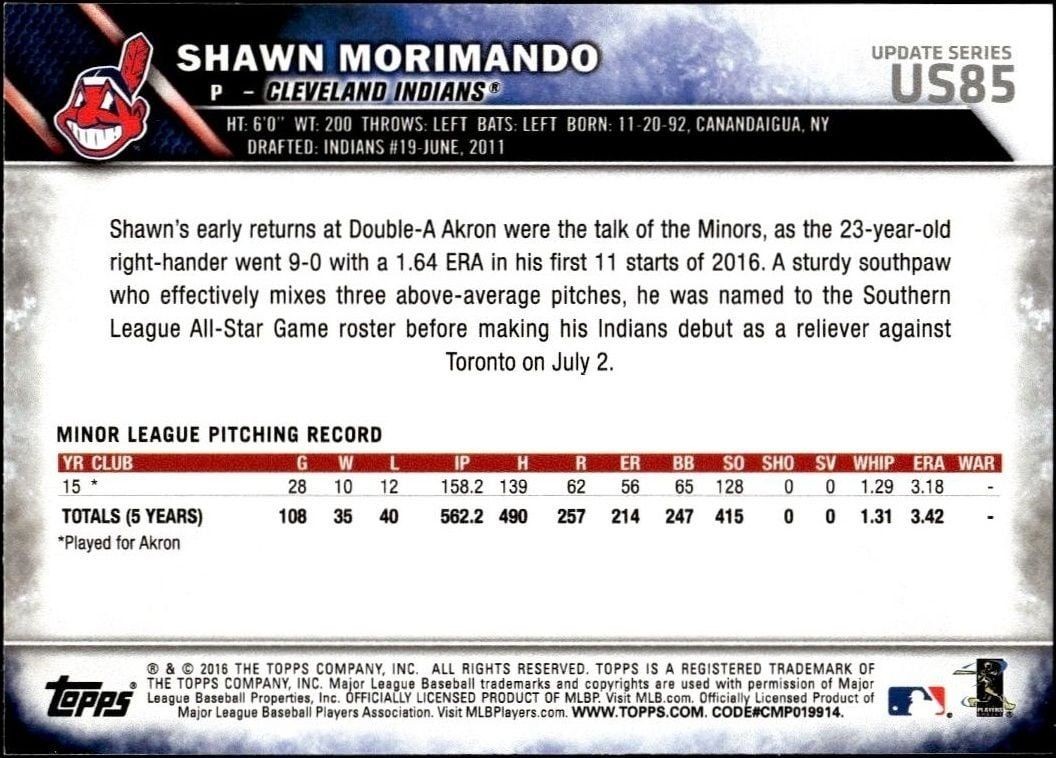 2016 Topps Update Shawn Morimando #US85 baseball trading card back