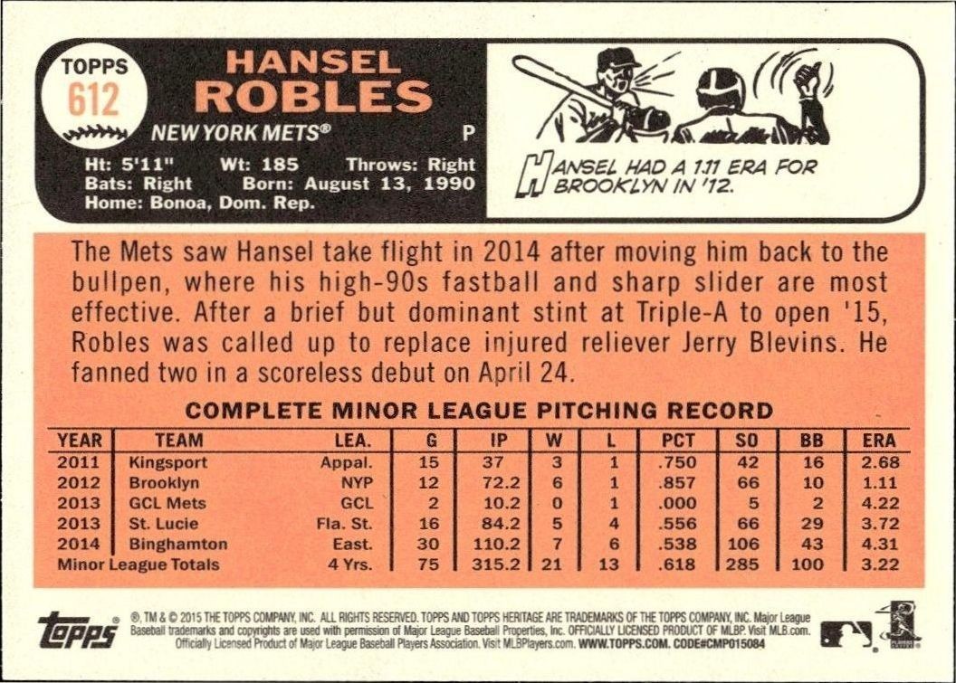 2015 Topps Heritage Hansel Robles #612 baseball trading card back