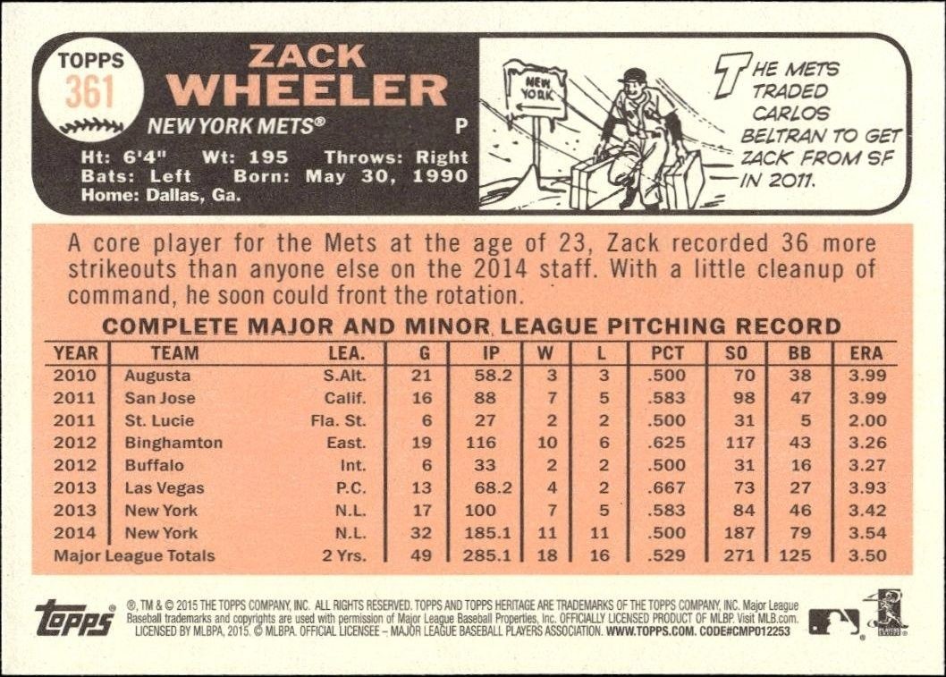 2015 Topps Heritage Zack Wheeler #361 baseball trading card back