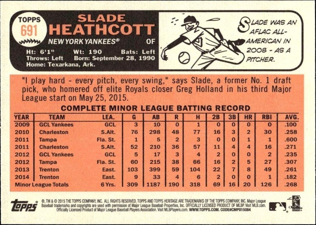 2015 Topps Heritage Slade Heathcott #691 baseball trading card back