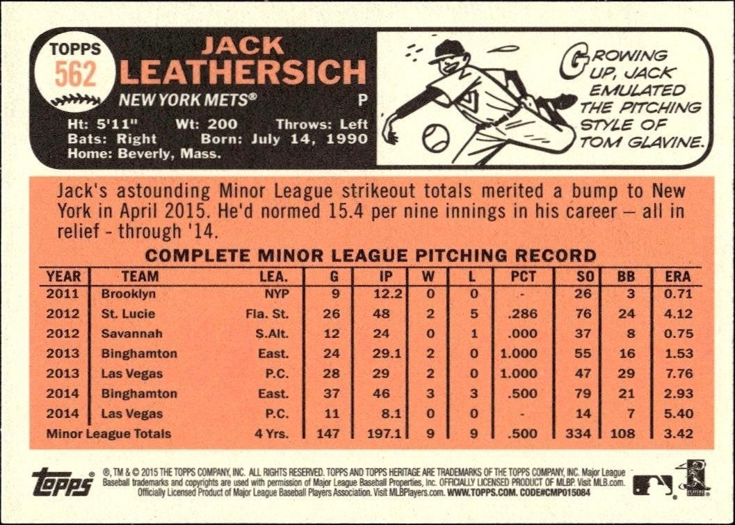 2015 Topps Heritage Jack Leathersich #562 baseball trading card back