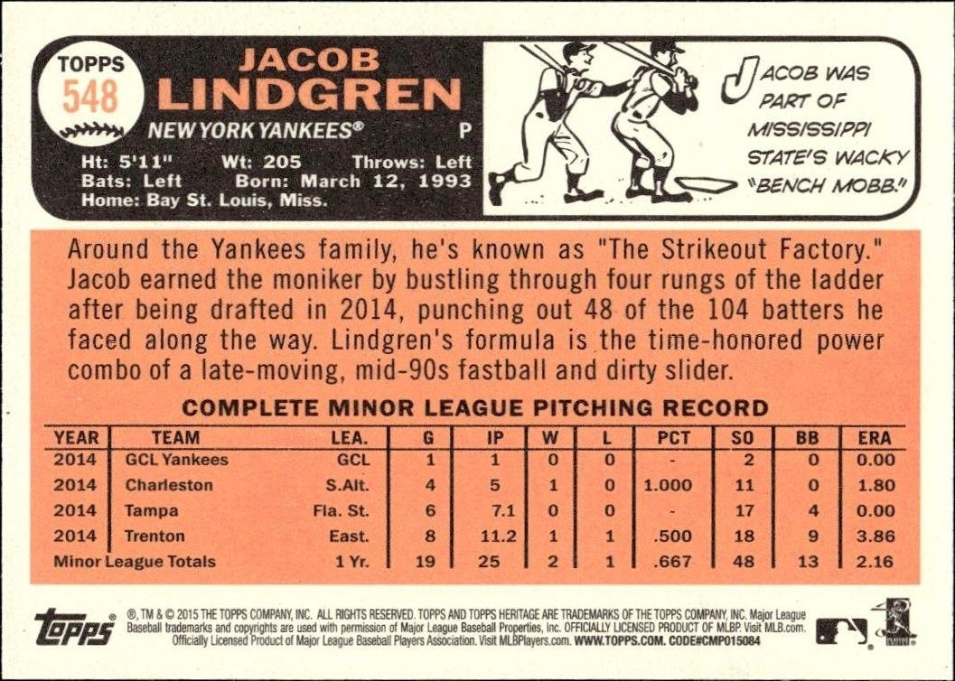 2015 Topps Heritage Jacob Lindgren #548 baseball trading card back