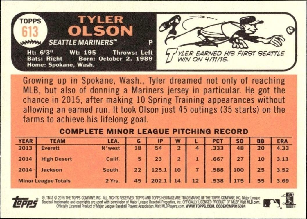 2015 Topps Heritage Tyler Olson #613 baseball trading card back
