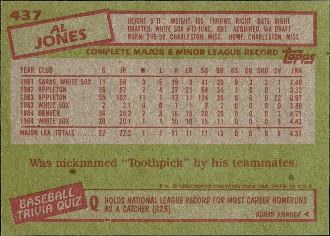 1985 Topps Al Jones #437 baseball trading card back