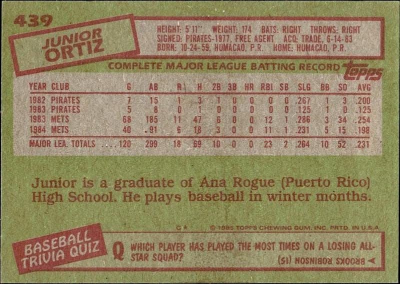 1985 Topps Junior Ortiz #439 baseball trading card back