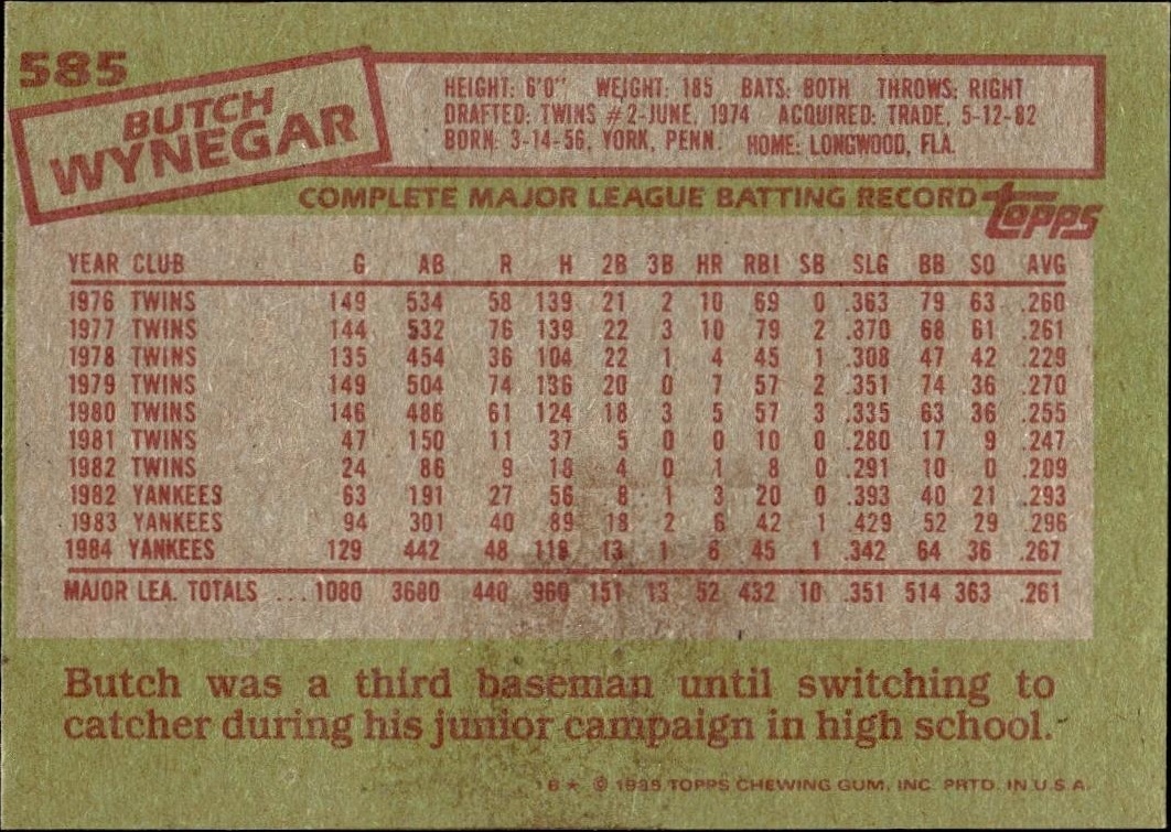 1985 Topps Butch Wynegar #585 baseball trading card back