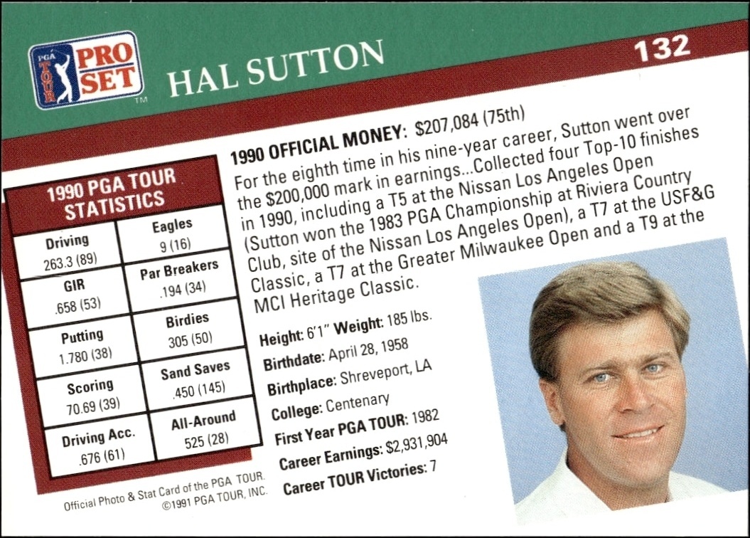 1991 Pro Set Pga Tour Hal Sutton #132 golf trading card back