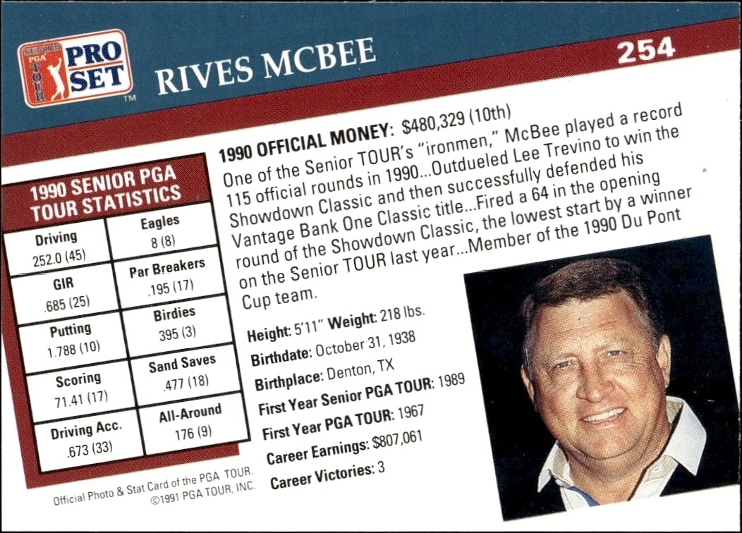 1991 Pro Set Pga Tour Rives Mcbee #254 golf trading card back