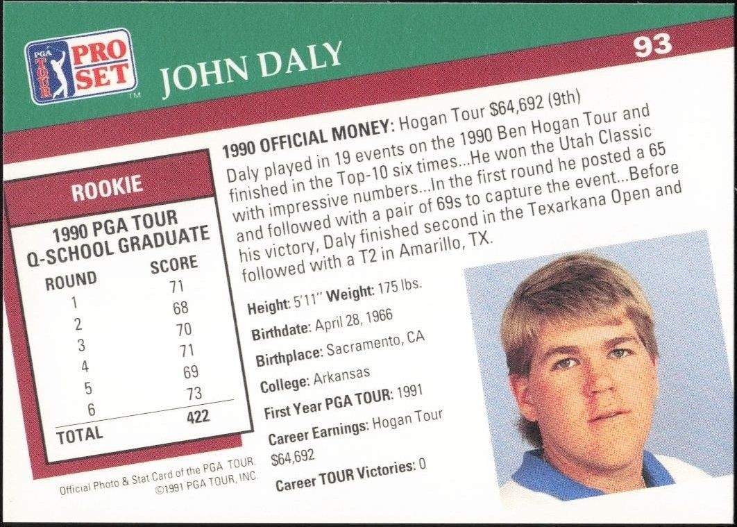 1991 Pro Set PGA Tour John Daly #93 golf trading card back