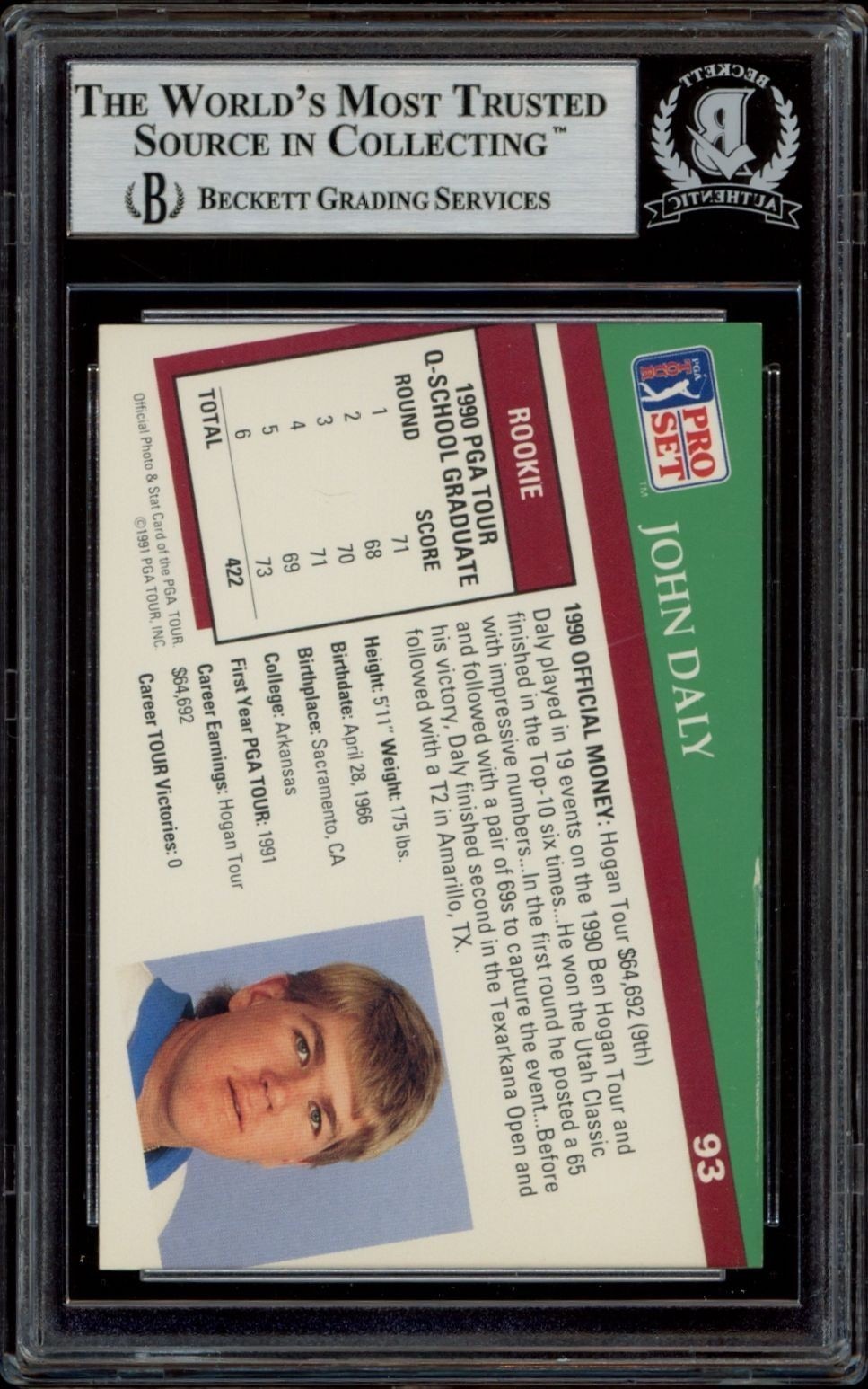1991 Pro Set PGA Tour John Daly #93 golf trading card back