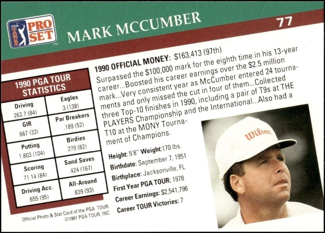 1991 Pro Set Pga Tour Mark Mccumber #77 golf trading card back