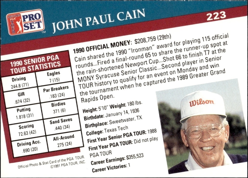 1991 Pro Set Pga Tour John Paul Cain #223 golf trading card back