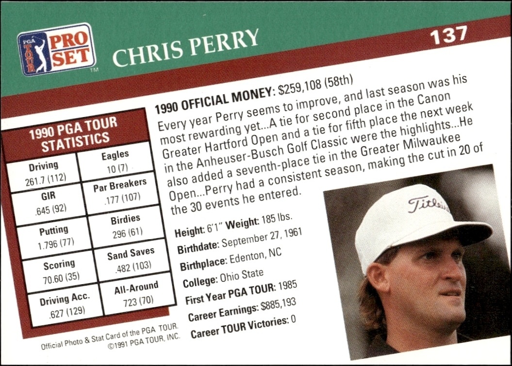 1991 Pro Set Pga Tour Chris Perry #137 golf trading card back