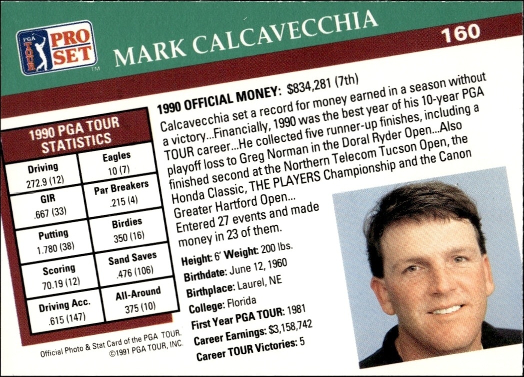1991 Pro Set Pga Tour Mark Calcavecchia #160 golf trading card back