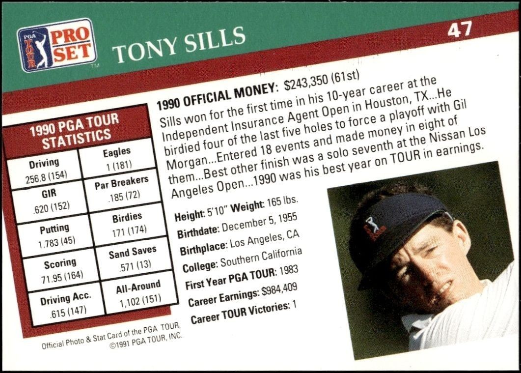1991 Pro Set Pga Tour Tony Sills #47 golf trading card back