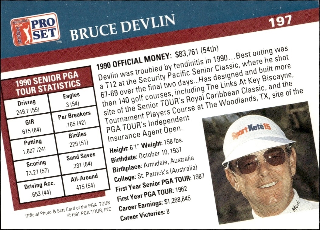 1991 Pro Set Pga Tour Bruce Devlin #197 golf trading card back